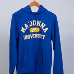 Blue hoodie with 'Madonna University' text on a hanger against a white background